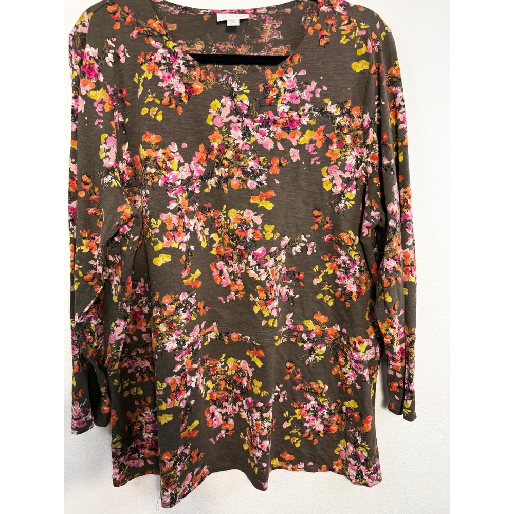 J. Jill Womens XL Petite Brown Floral Knit Top Round Neck 3/4 Sleeve Keyhole